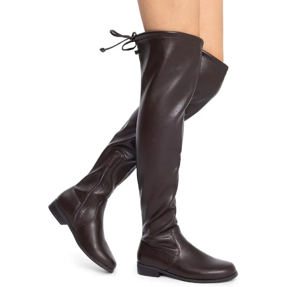 Women's Brown-pu Thigh High Low Block Heel Casual Fashion Over the Knee Boots